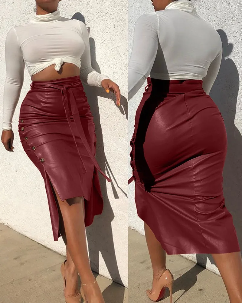 JL9801 Fashion Women PU Skirt Leather Skirt Office Wear Lady Brown PU Skirt