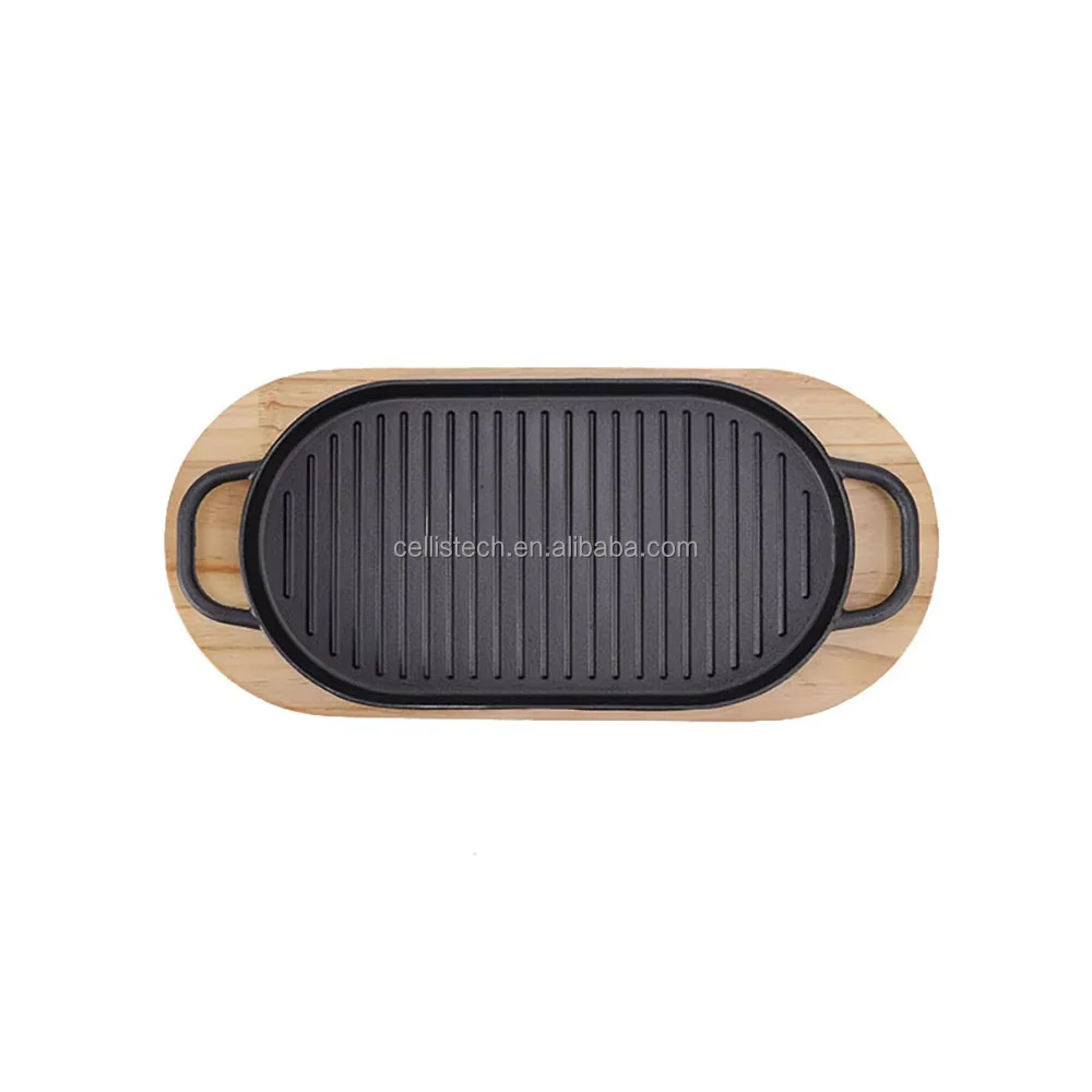 Hot Sale Cast Iron Sizzler Plate enamel coating BBQ Hot Grill Pan Griddle Plate Sizzling Beef baking tray with Wooden Tray Base