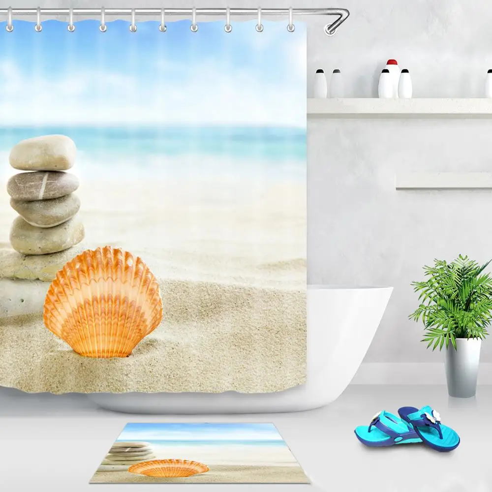 Yutong Ready Made 90gsm Polyester 3D Printing Curtain Waterproof Fabric Bathroom Printed Staifish Shell Beach Shower  Curtains