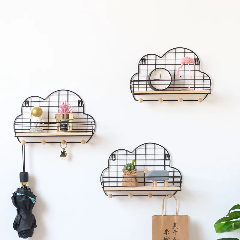 Nordic Simple Iron Grid Cloud-shaped Shelf Home Decorative Hook Storage Wood Wall Shelf