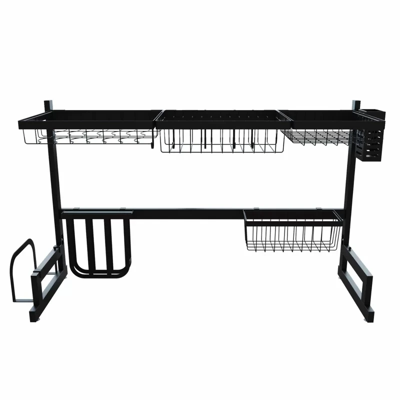 2 Tier 85cm Black Metal Kitchen Storage Racks Basket Organizer Over Sink Dish Drying Rack