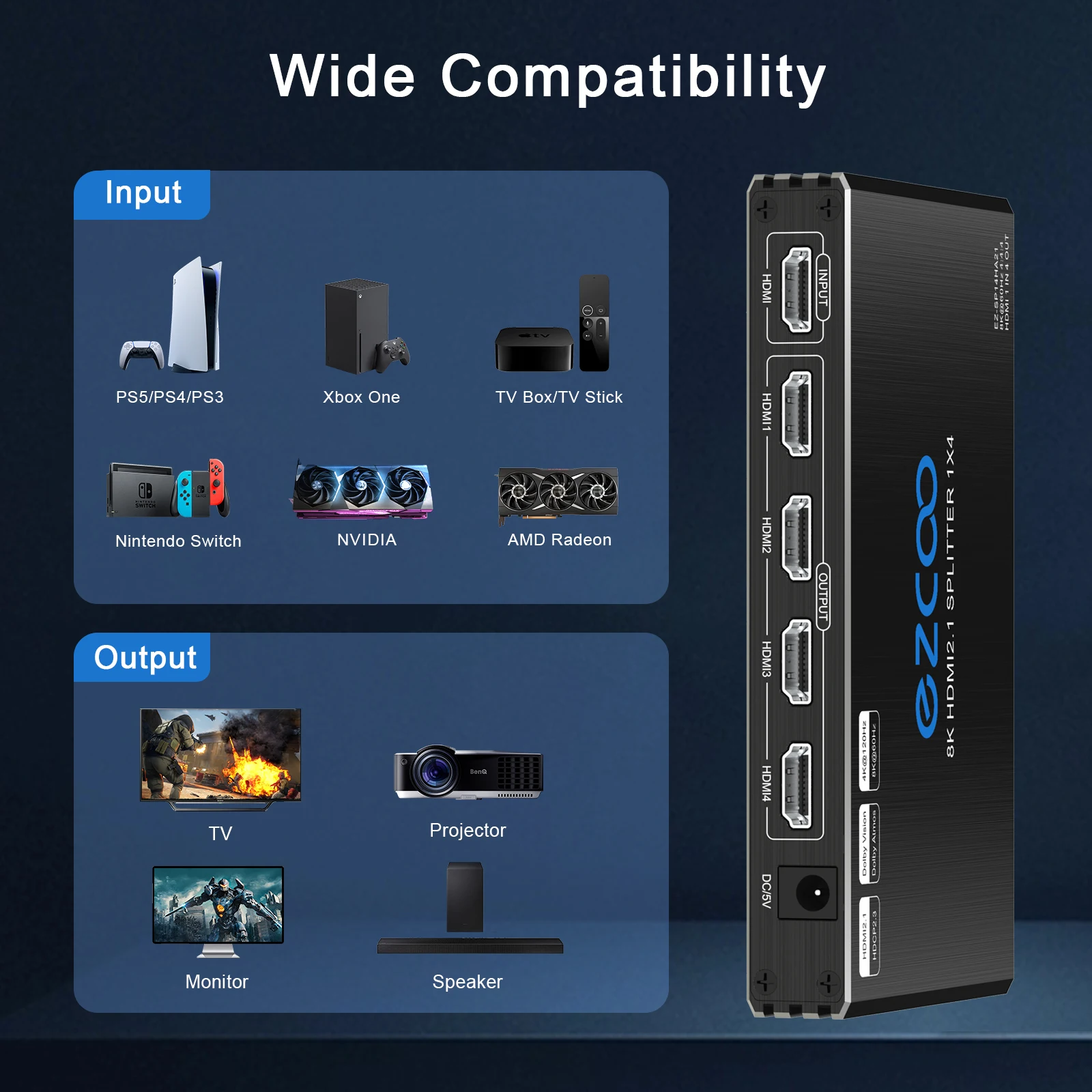 4K 120Hz HD-MI Splitter 1X4 prot Audio Extractor VRR ALLM HDCP2.3 HDR10+CEC SPDIF Optical 5.1CH Audio EDID Scaler