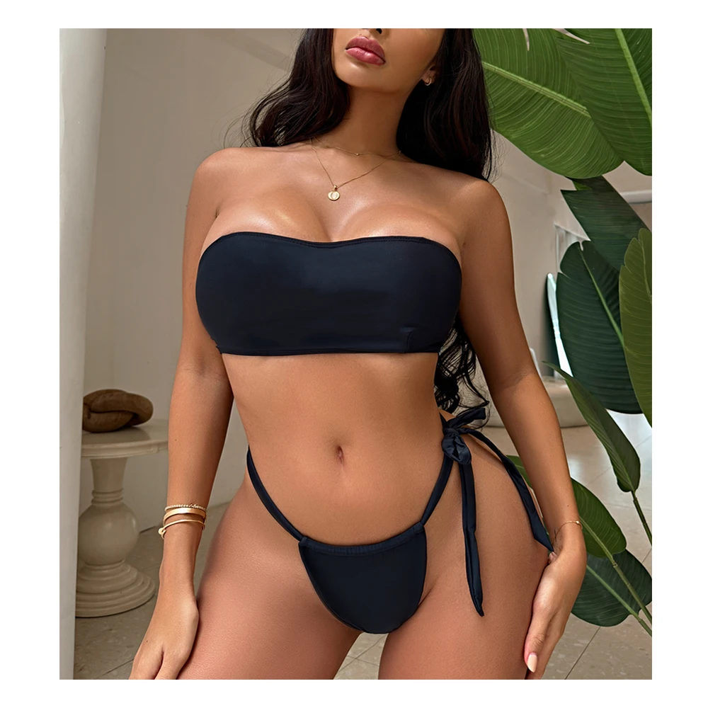 2024 Custom Solid Asian Bikini Set Mujer Strapless 2 Piece Plain Swimsuit Black Sexy Bandeau Swimwear For Women