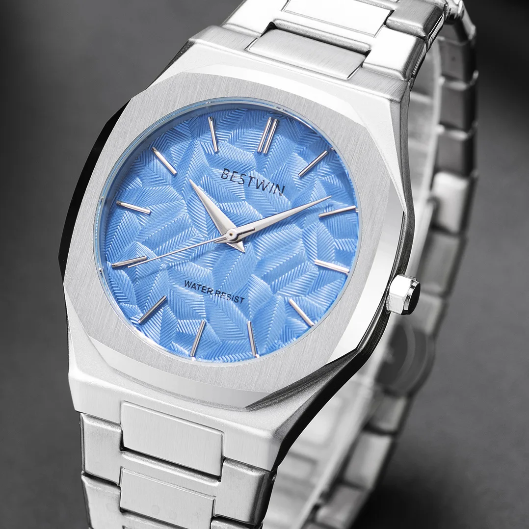 New Bestwin Watch Men Business Waterproof Male Clock Luminous Silvery Stainless Steel Quartz Men Watch Ice Cracked Reloj Hombre