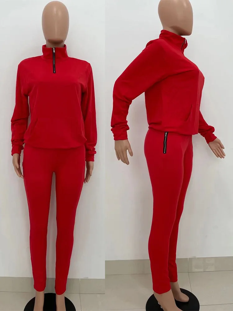 Custom Fall Winter Zip Stand Collar Sweatshirt Two Piece Set Solid Casual Outfits Pockets Pants Sweat Suit Tracksuits For Women