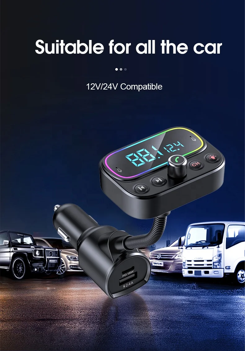 AGETUNR T67 BT V5.0 fm transmitter RGB light 20W PD 18W QC3.0 fast charge car mp3 player Handsfree U disk Music AUX Out Dual Mic