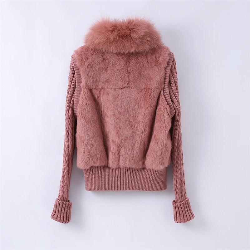 Pudi Women Real Rabbit Fur Jacket Coat Female Winter Fox Collar Sweater Parka Vest Jackets CT138