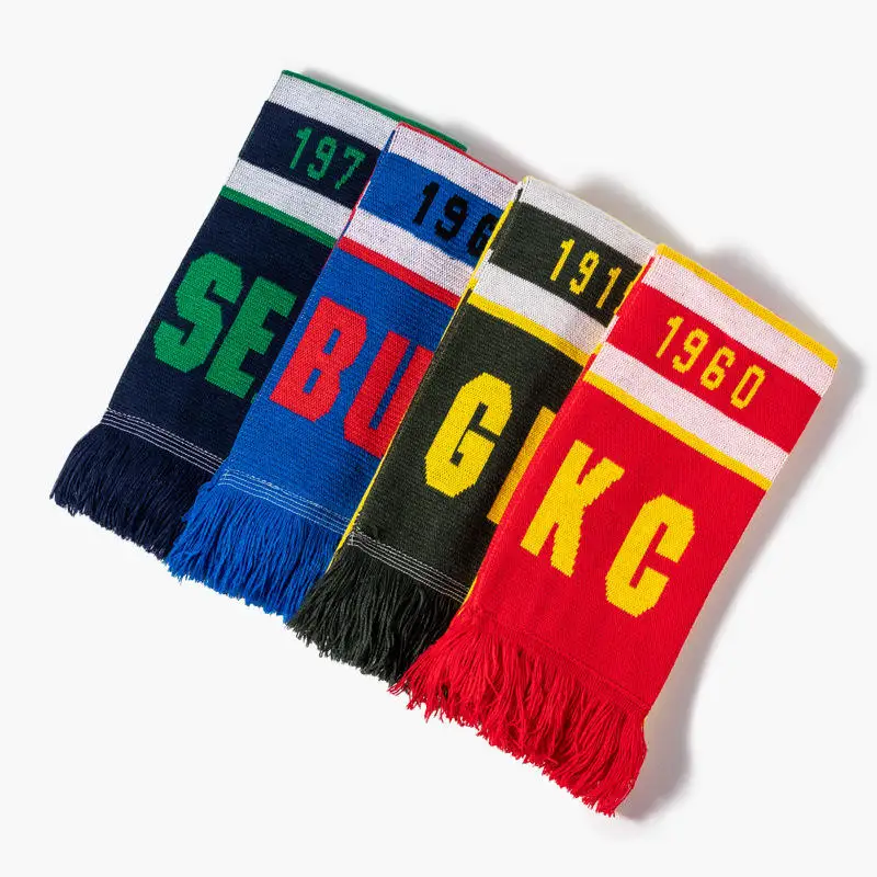 Tassel Knitted Fan Scarf Football Fans Scarf Wholesale Price High Quality Jacquard Soccer Custom Logo Acrylic Women Adult Winter