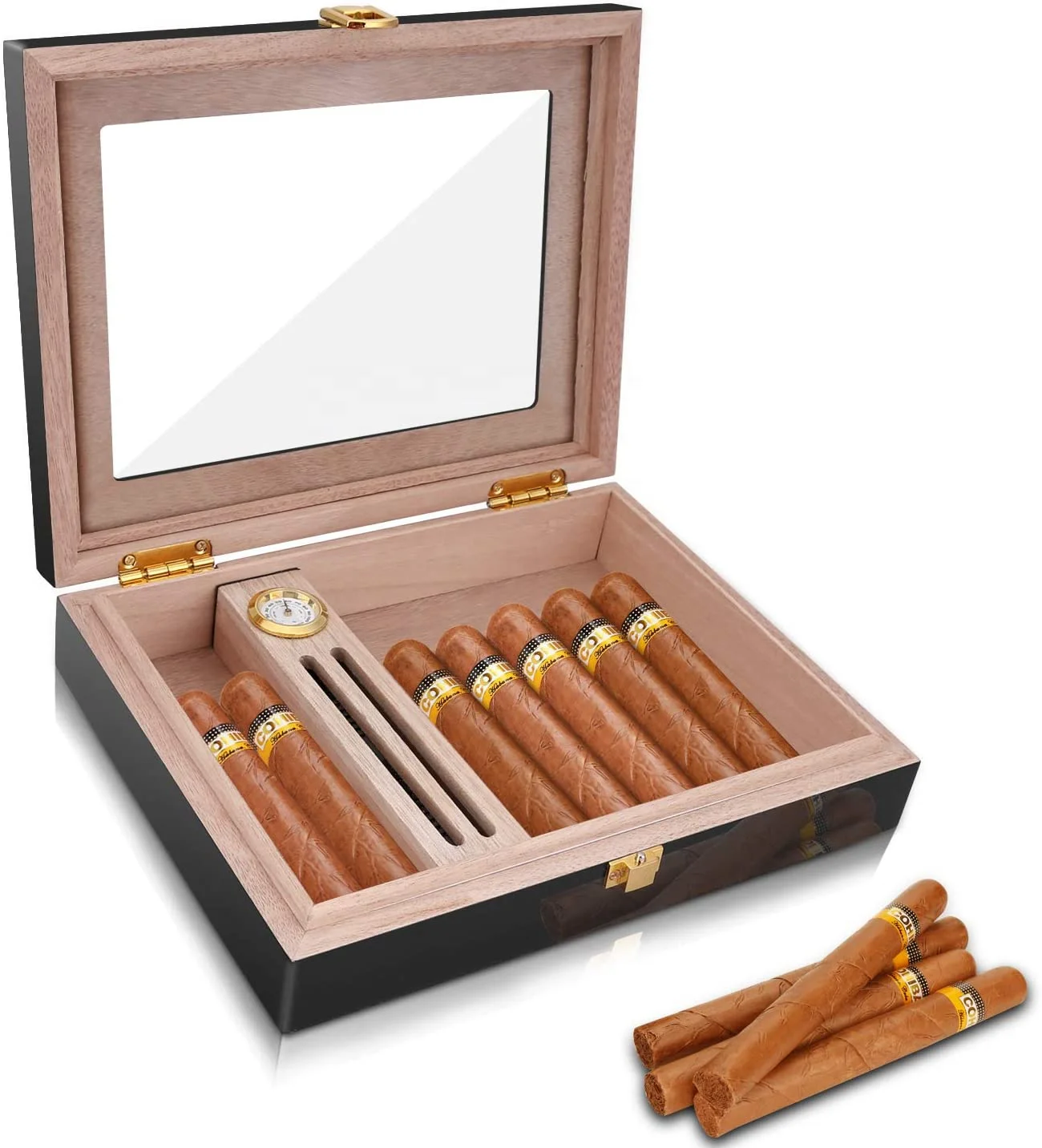 For 15-20 Cigars Desktop Humidors High Glossy Black Cigar Humidor Cigar Box