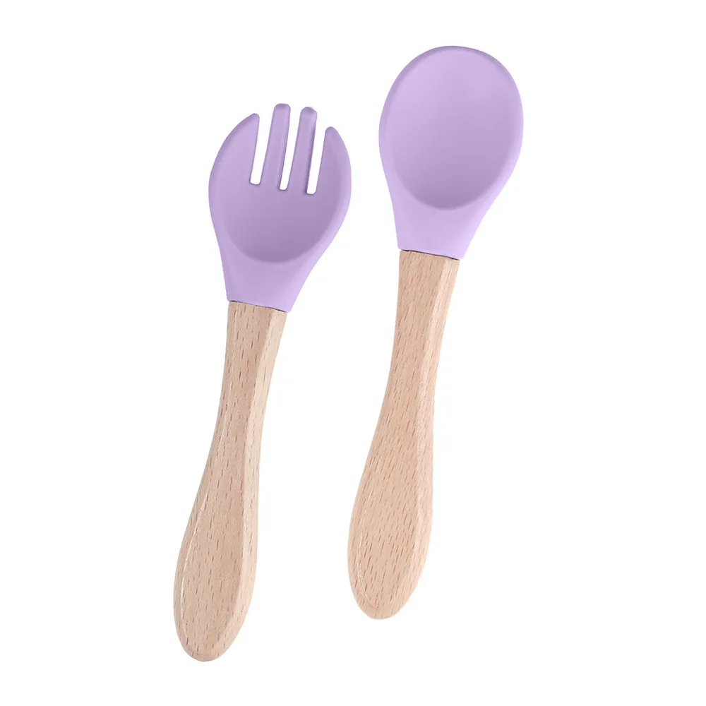 RTS Platinum Silicone Baby Fork Spoon Set Ready Stock Feeding Training Utensils Wooden Handle BPA Free Anti-Scalding Solid