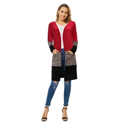 Womens Casual Open Front Draped Snap Knitted Maxi Duster Long Sleeve Leopard Print Plus Size Cardigan