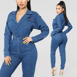 2019 Autumn High Quality Women  Denim Romper Long Sleeve V-Neck Jean Jumpsuits