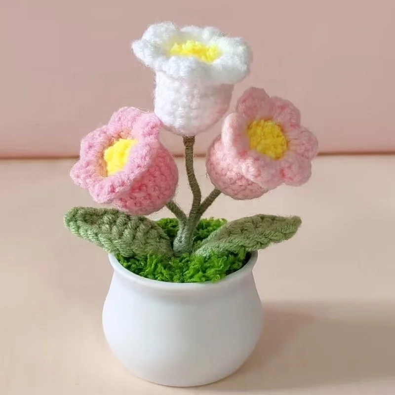 Diy крючком Fower Горшечный горшок ручной работы мини цветы розы вязаные тюльпаны