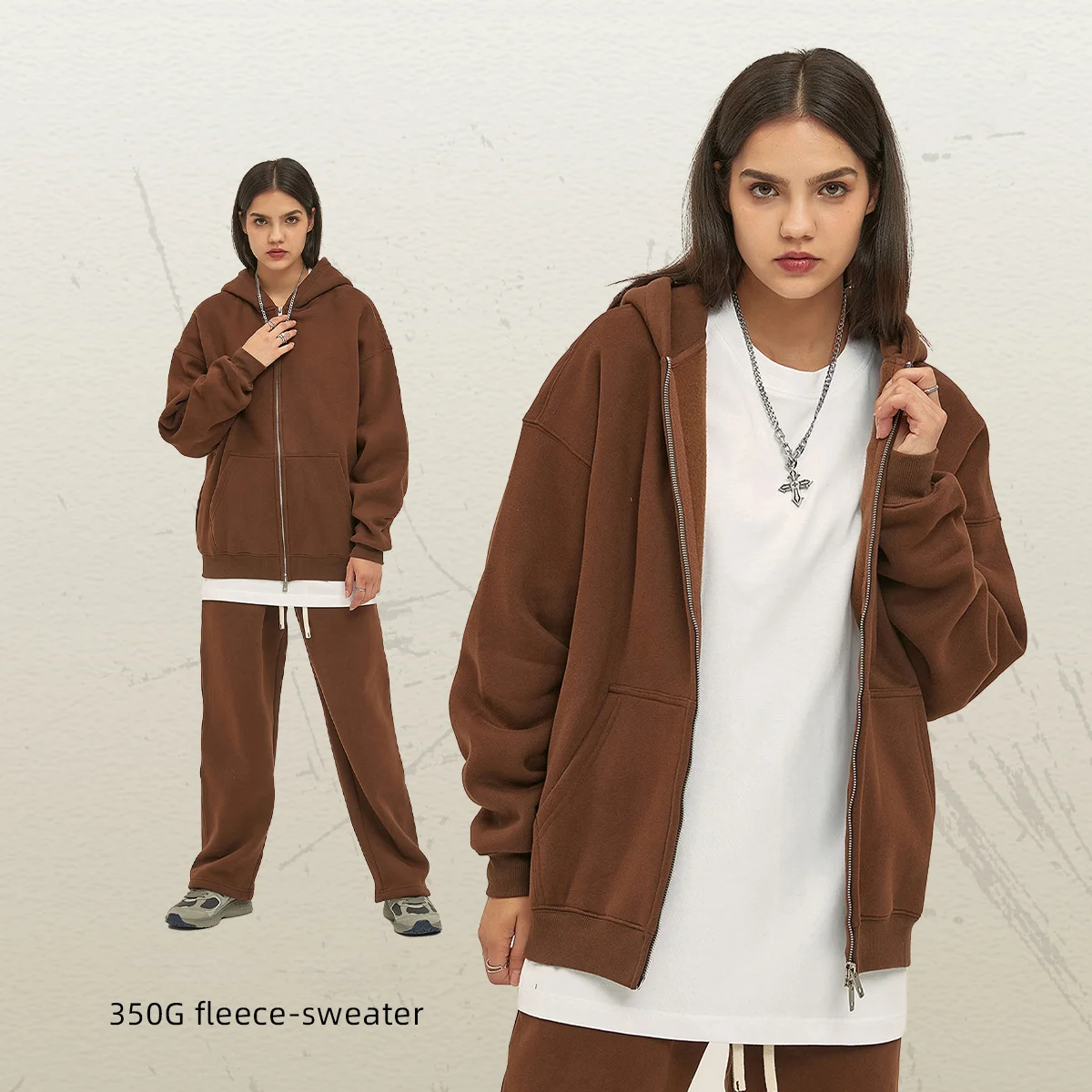 YWGH Autumn and winter new padded 350G double head zipper cardigan loose hooded sweater Zipper Hoodie