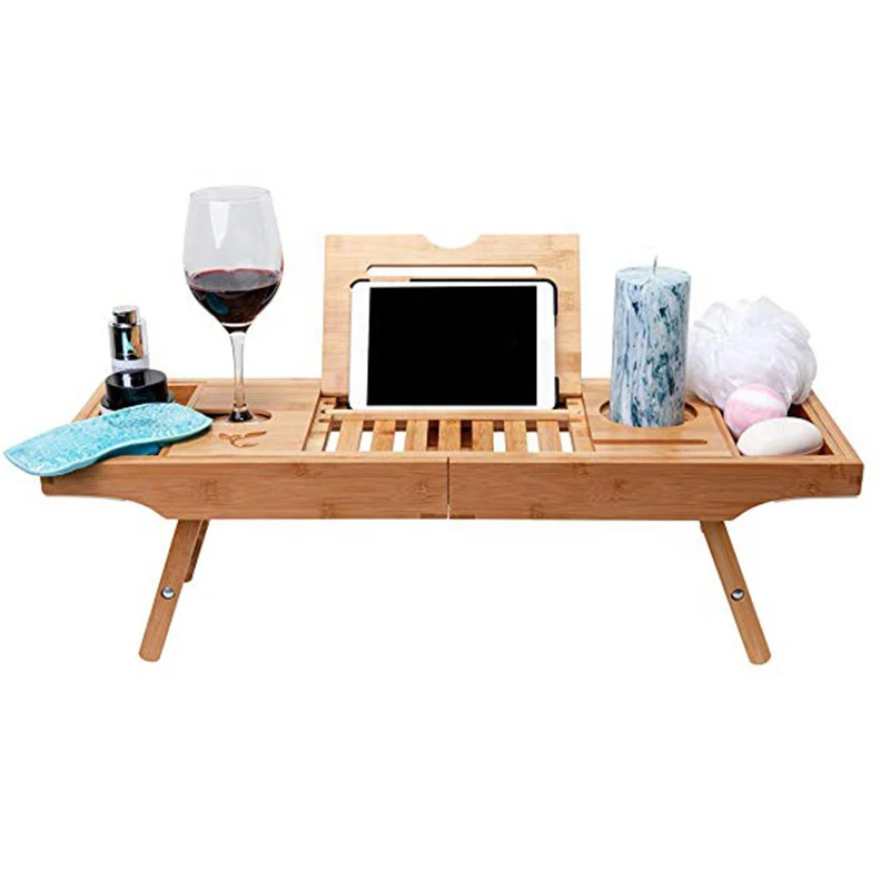 
High quality for bathroom Removable Boards Bamboo Bath Organizer Bathtub Caddy with Wine Glass Holder  (1600202057235)