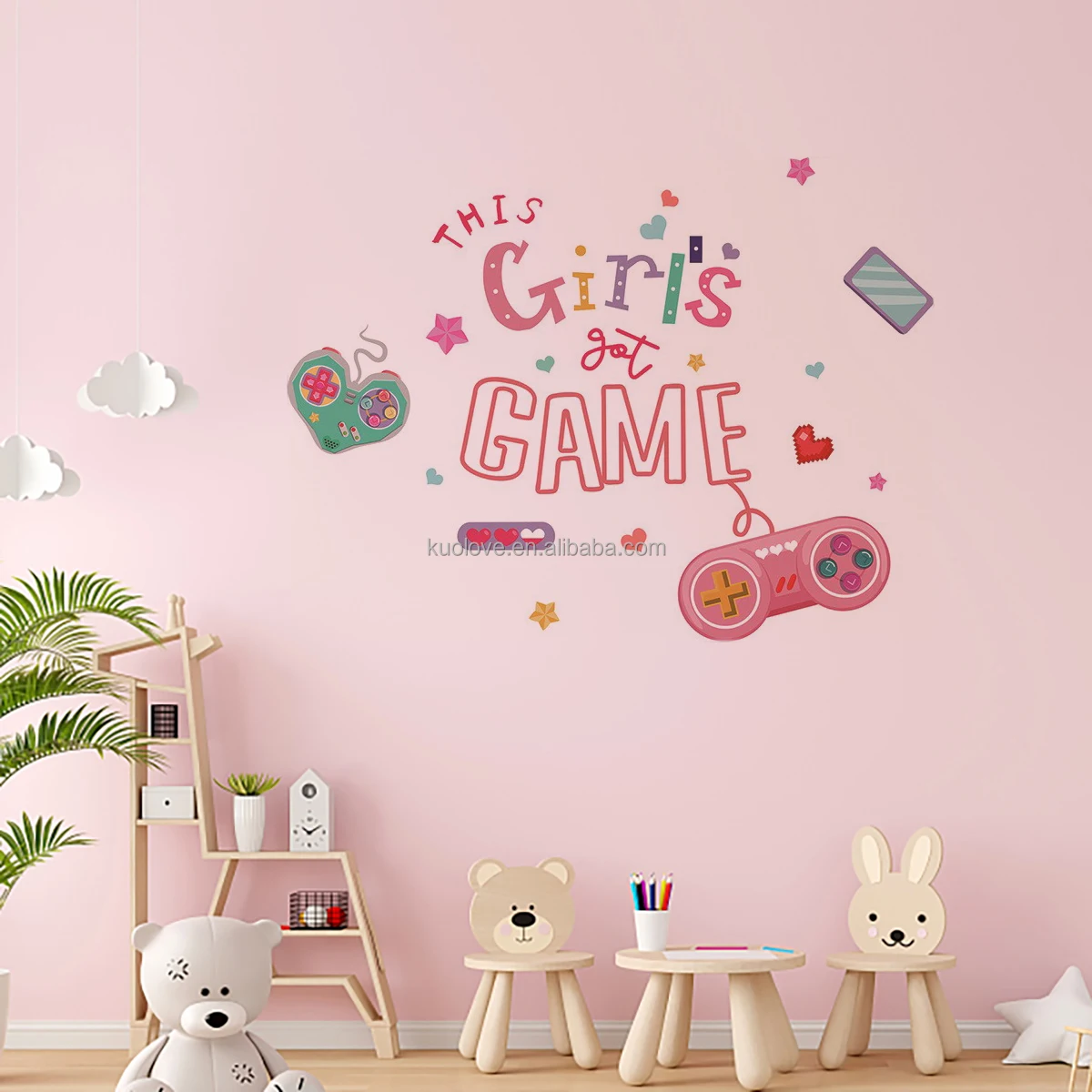 Gamepad girl Cartoon Wall stickers Bedroom Living room studio decoration Self-adhesive PVC self-adhesive stickers