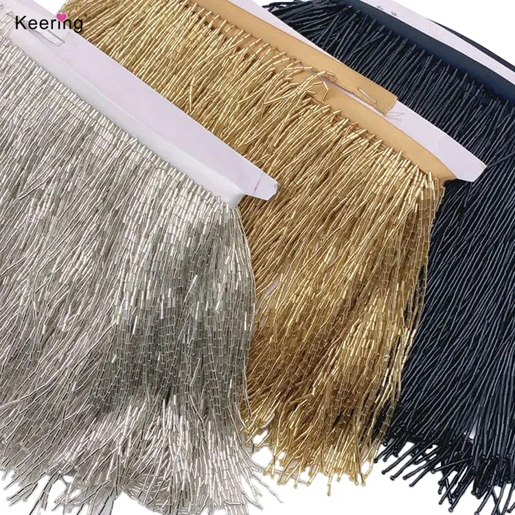 Small MOQ Keering 15cm Gold Glass Beaded Ribbon Fringe Trimmings With Tassels