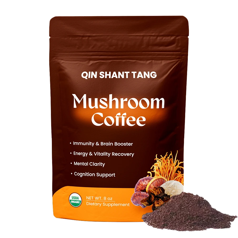 QINSHANTANG OEM частная марка полезный растворимый кофе фермент органический экстракт грибов рейши Растворимый травяной черный