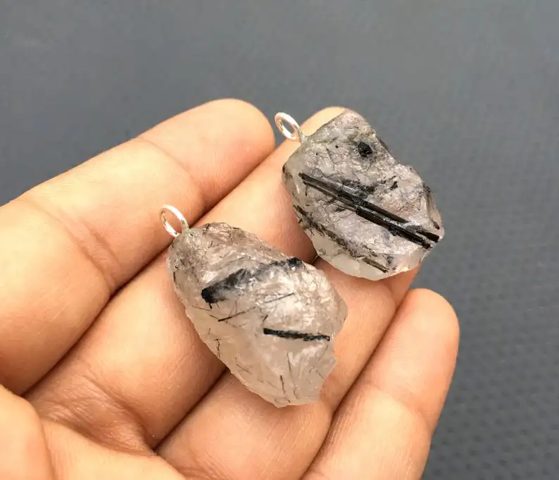 2 Pieces Genuine Quality Natural Black Rutile Untreated Rough Gemstone 92.5 Sterling Silver Charm Pendant Wholesale