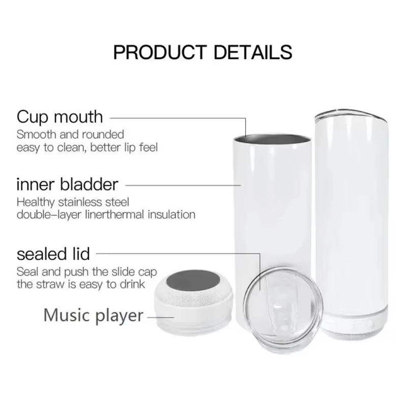 20oz Sublimation Straight Tumbler With Blue tooth Speaker Stainless Steel Vacuum Insulated Wireless Speaker Music Cup