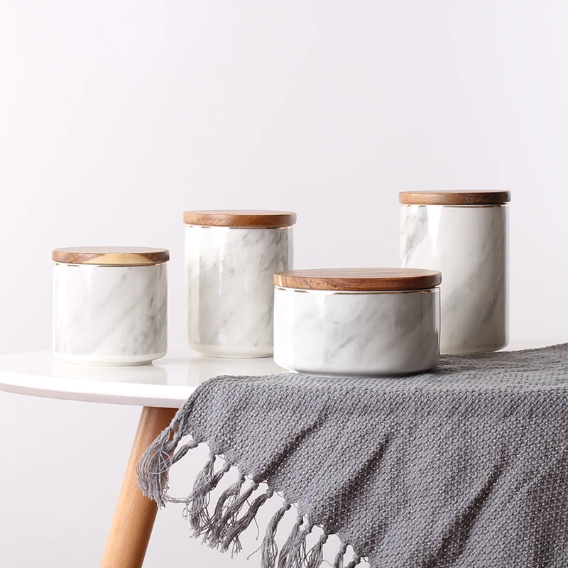 Nordic style candle jar coffee tea sugar white kitchen ceramic marble storage jar with bamboo lid