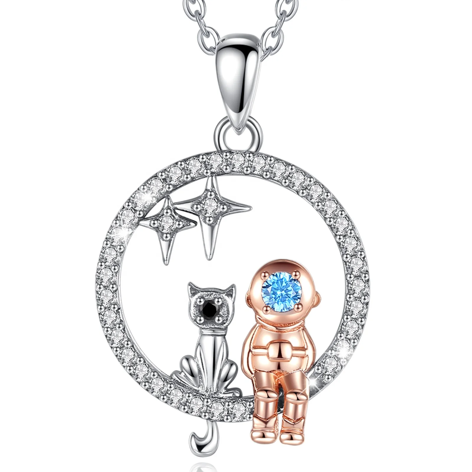 925 Sterling silver planet spaceman cat astronaut astronomy pendant necklace