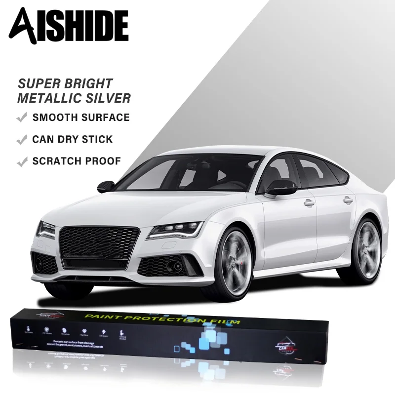 Aishide 1.52*18M Super Bright Metallic Silver Car Vinyl Wraps Decorative Color Changing Film PVC Car Wrap Vinyl Film For Car