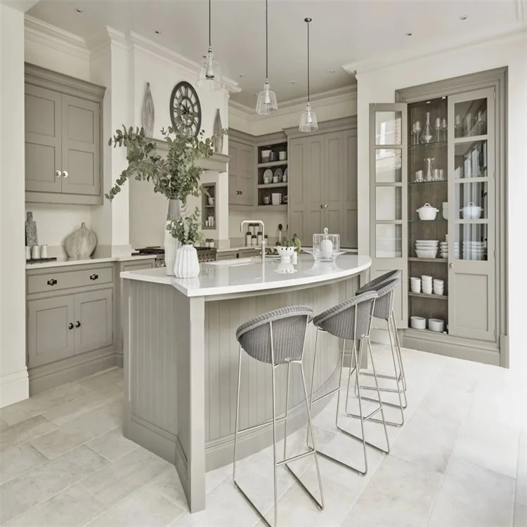Modular kitchen cabinet greyish cambered shaker style kitchen island glass doors high cabinet