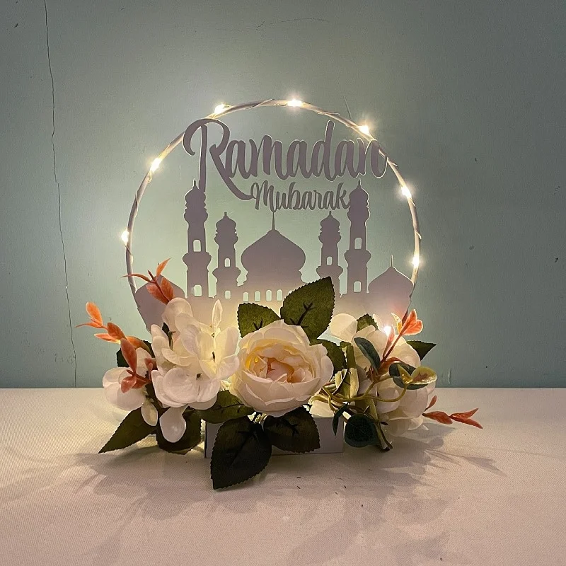 New Arrival Muslim Ramadan Decoration Light Eid Mubarak Iron Glass Artificial Flower EID Ramadan Kareem Decoration Table Light