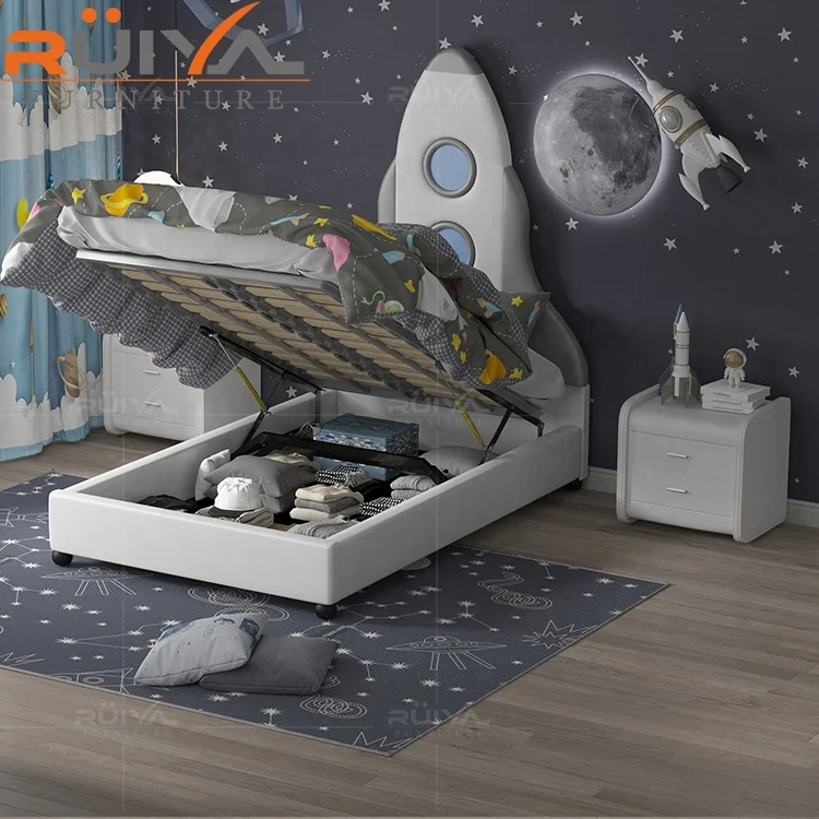 Upholstered Soft Kids Home Furniture Modern rocket shape children wooden double bed designs