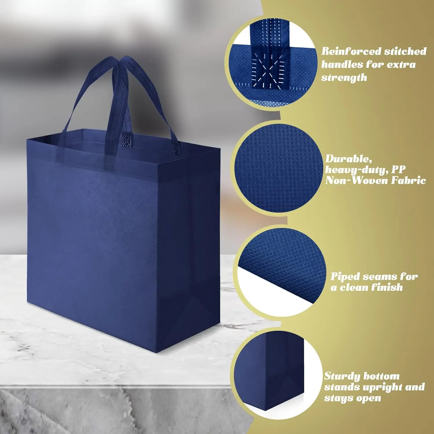 High Quality boutique Dark blue gift shopping bags with logos Grocery tote Strong suture non woven reusable bag