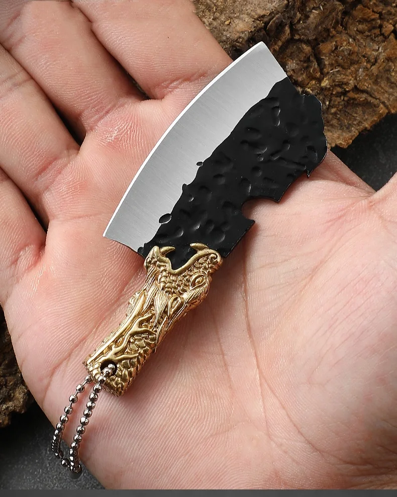 Mini Wooden Handle Knife Outdoor Camping Open Box with Chain Portable EDC Key Knife Cutter with Leather Sheath Chain