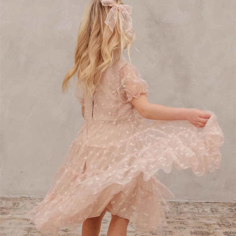 Kids Clothes Children Wear Baby Dresses Custom Lace with Puff Sleeves Summer for Girl Clothes