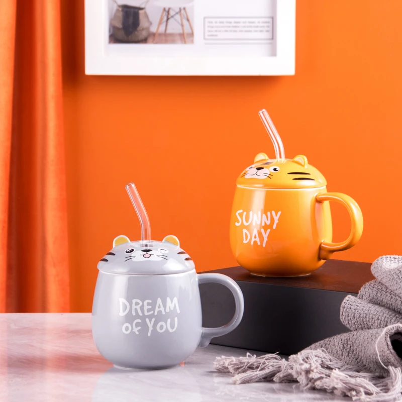 Cute Tiger Coffee Ceramic Cup Couple Mug Milk Water Cup Custom Ceramic Mug with lid