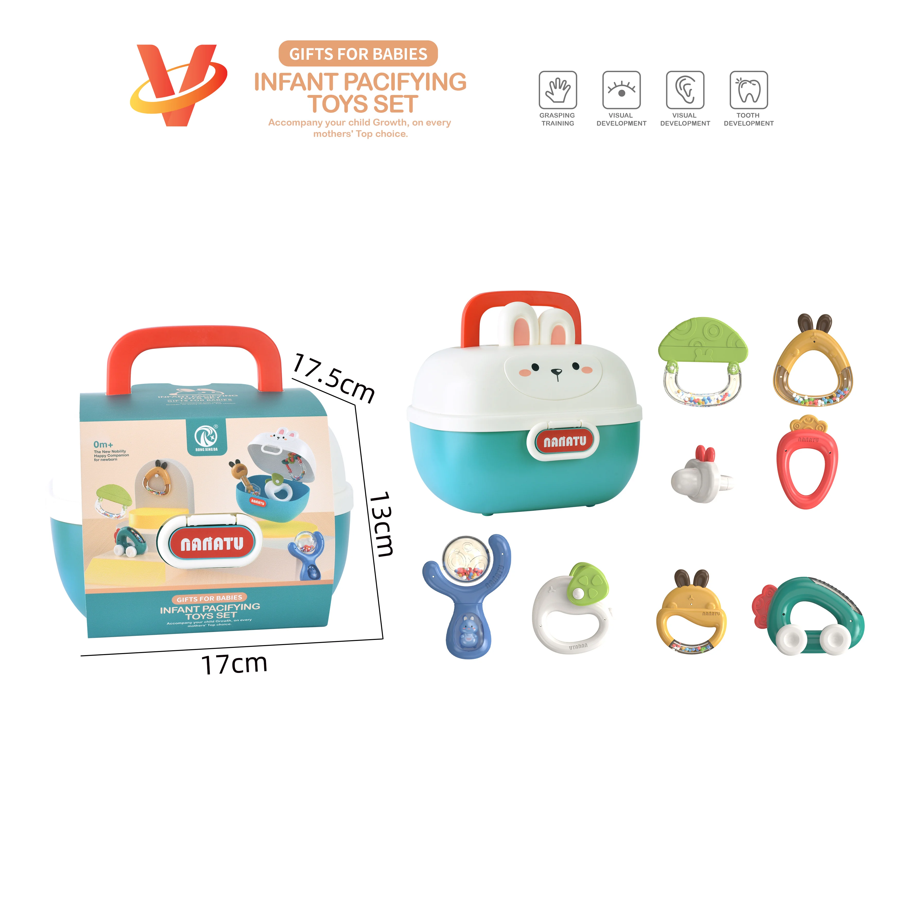Hot selling new born gift storage box infant teething rattle toy newborn 12 10 6 months rattle set baby toys
