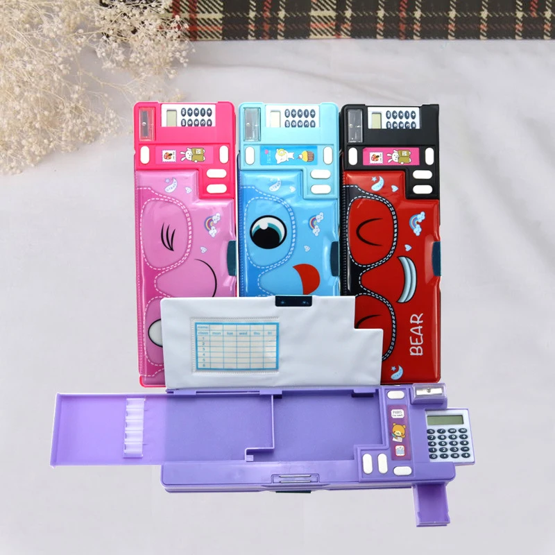 Student cartoon plastic stationery box double-sided open pencil case creative multifunctional calculator pencil case
