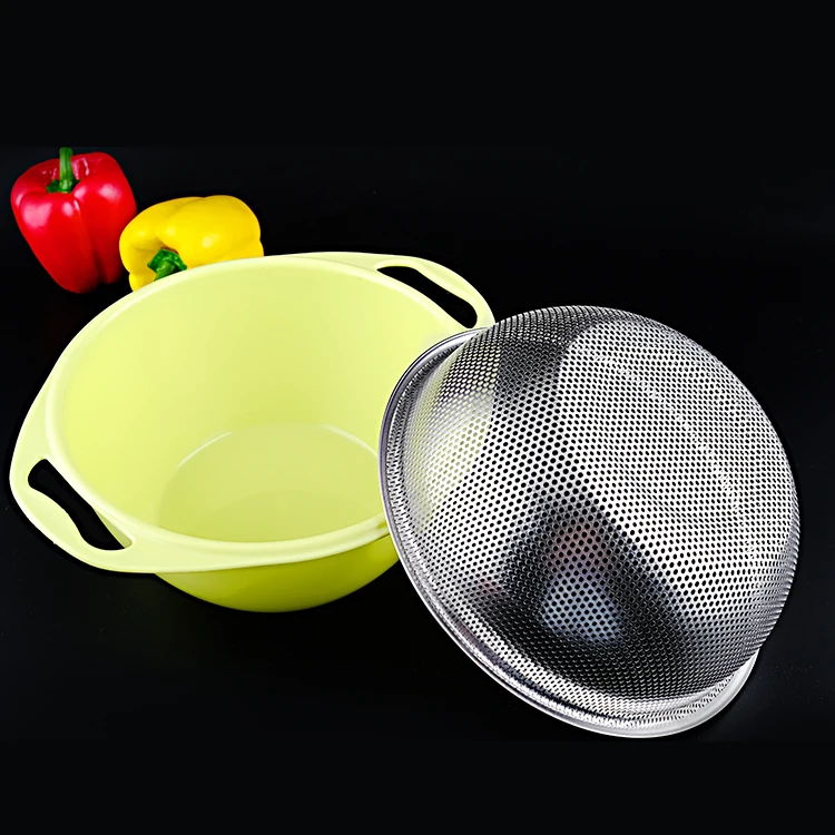3PCS Factory Product  Stainless Steel Punching Basket With Plastic Bowl  for Washing Vegetable And Fruit