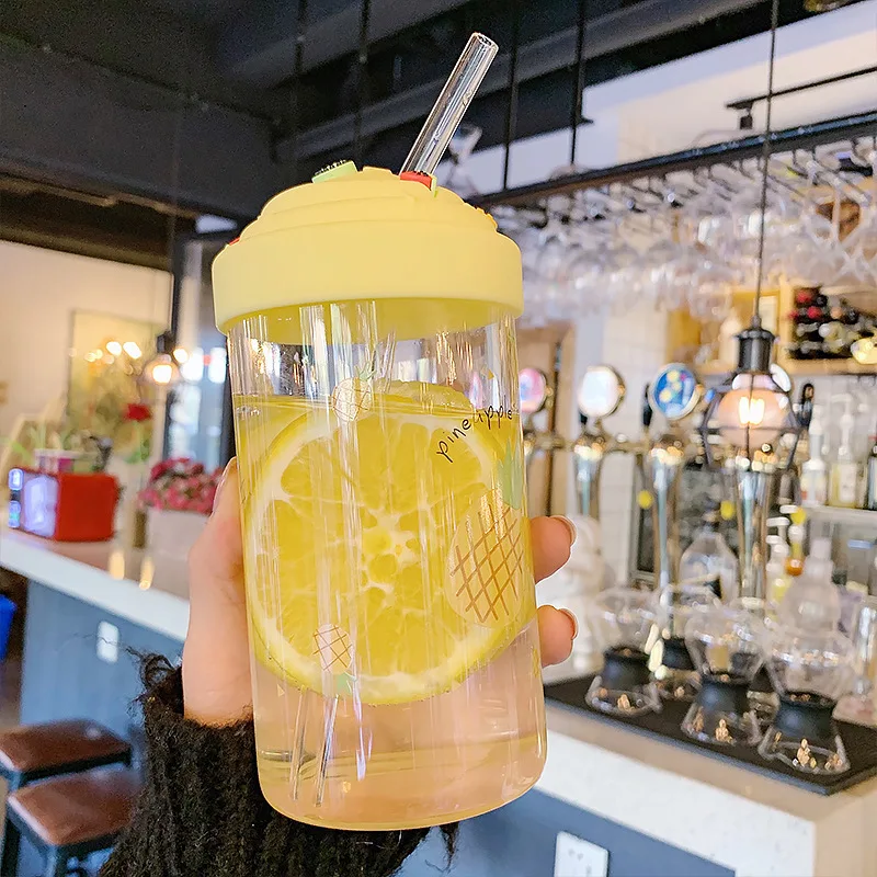 Simple Fruit Transparent Glass Without Bpa Cute Girl Children With Lid Straw Tumbler