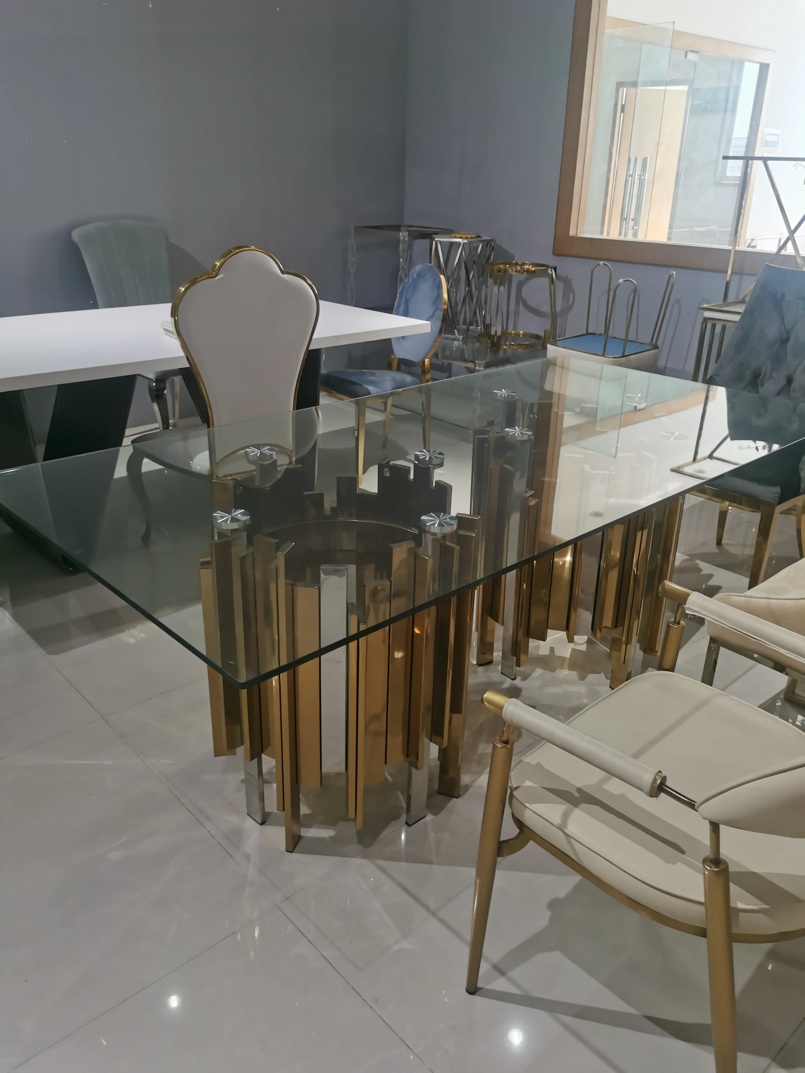 luxury glass dining table silver stainless steel dining table with glass top dining table set 6 seater luxury glass top