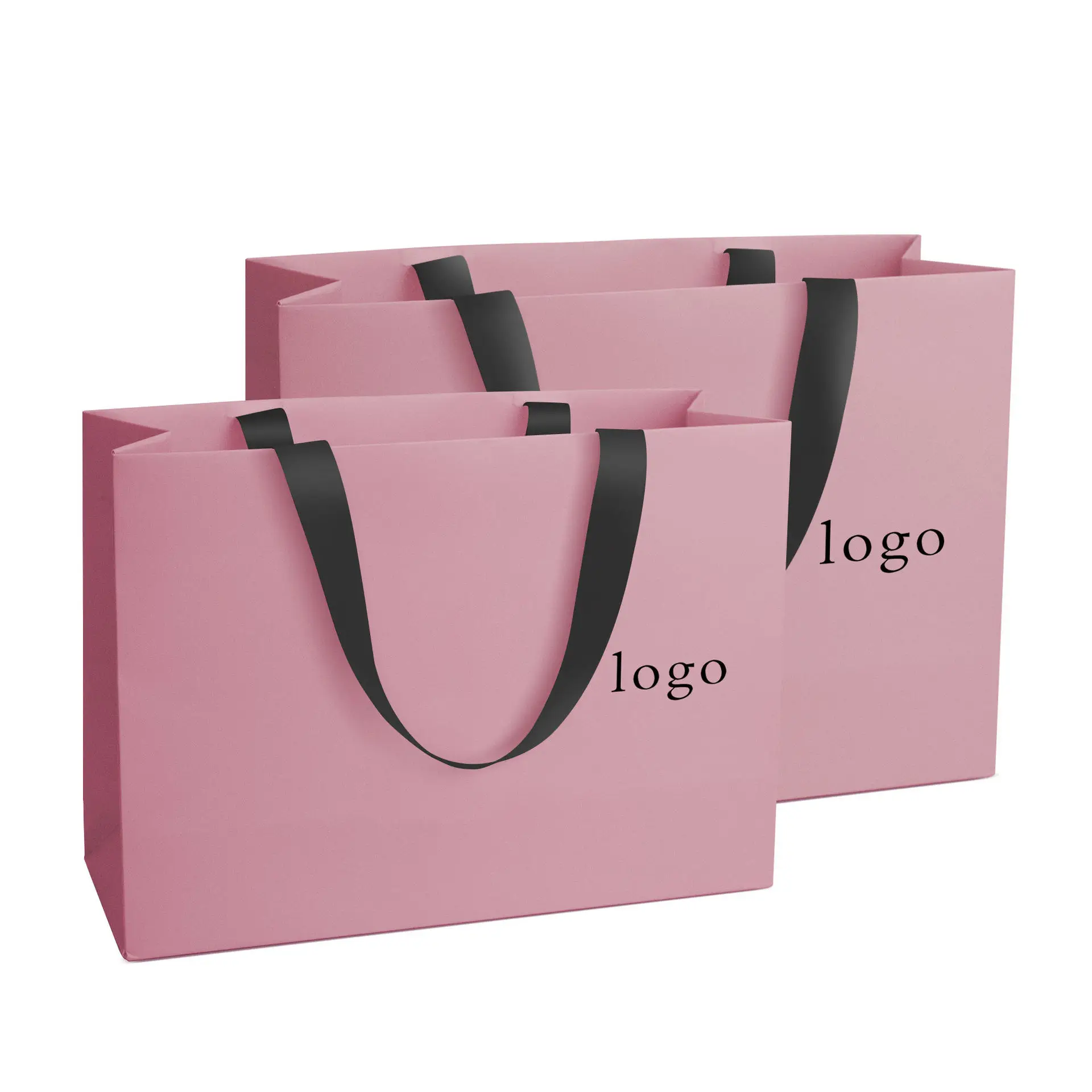 Custom Logo Printed Matt Finish Pink Paper Shopping Bag With Grosgrain Ribbon Handle