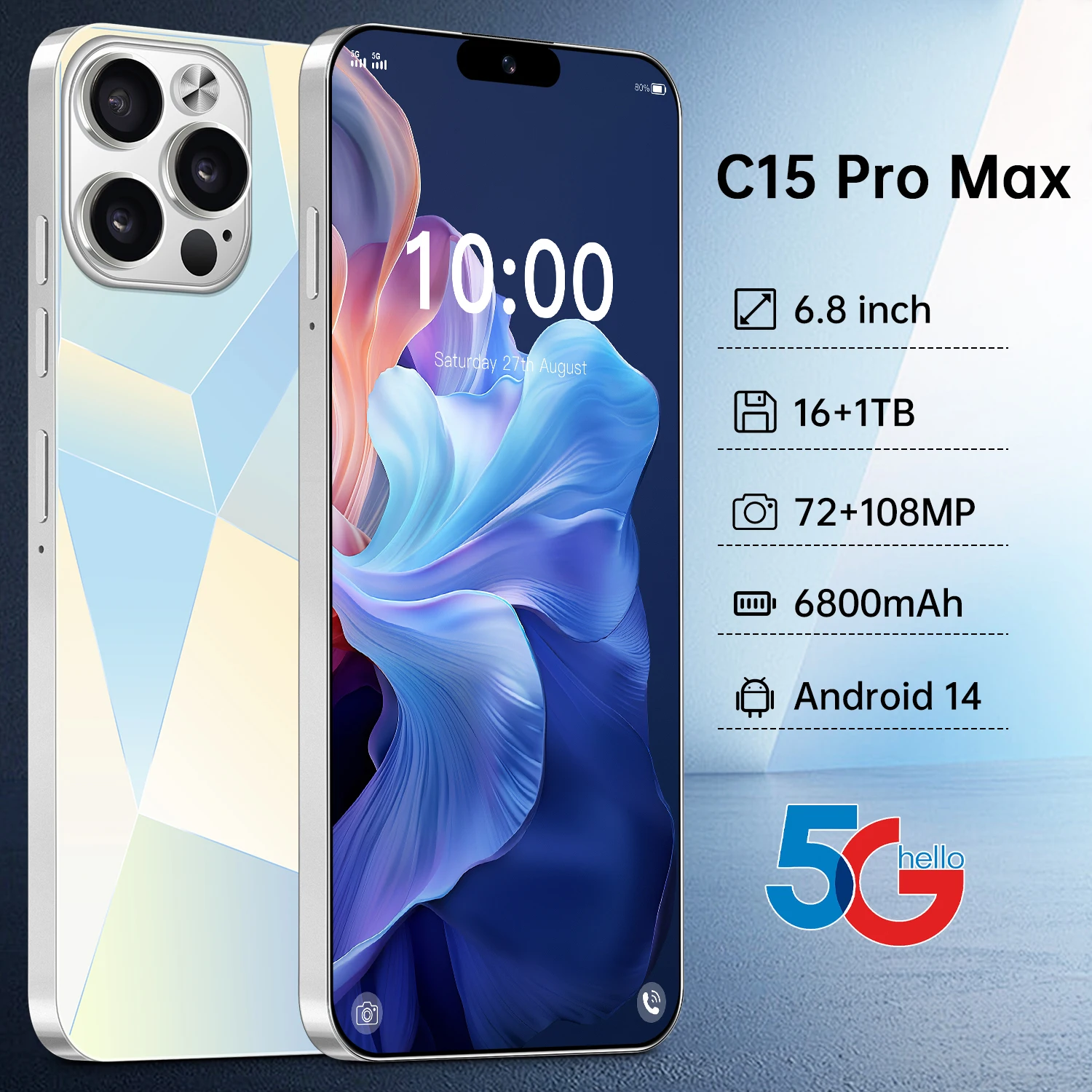 Cheap wholesale mobile phone c15 Pro Max 16+256GB 6.8inch HD+108mp Android 13.0 5G smartphone with 3 cameras