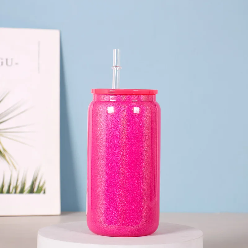 12Oz 16 Oz Double Wall Sublimation iridescent Glass  Beer Can Cup Jar With Bamboo Lid And Straw