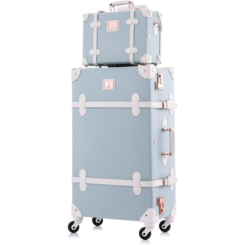 Luxury PU Leather Travel Luggage Set Vintage Retro Spinner Luggage With 13inch Cosmetic Case For Women