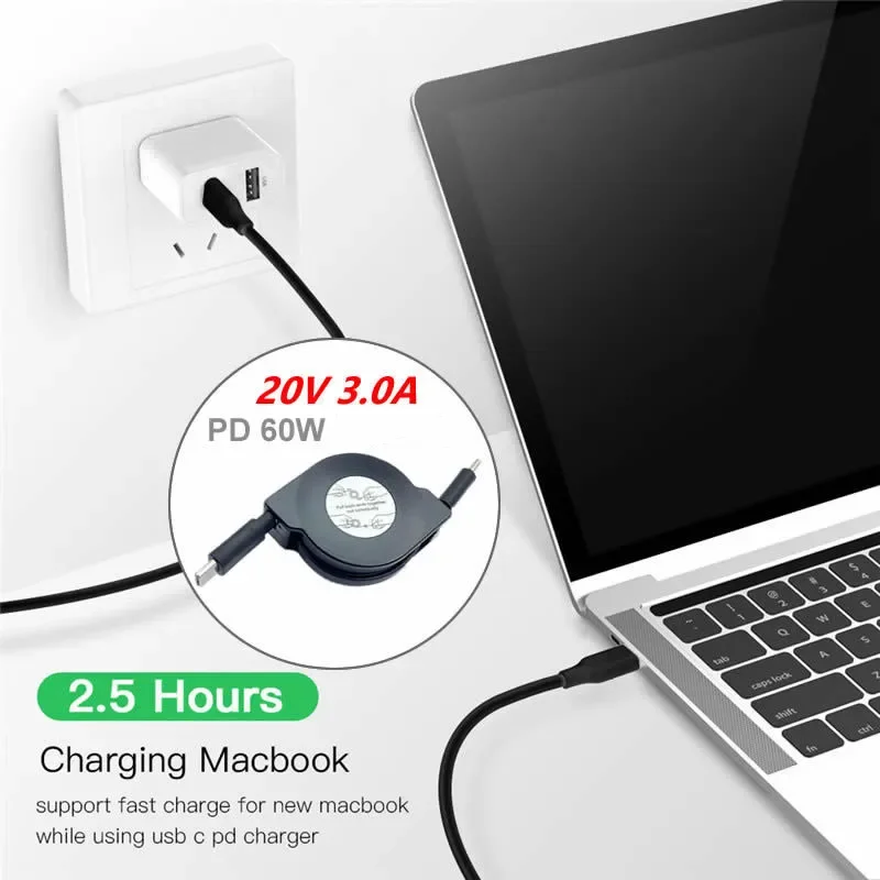 PD 60W USB C Retractable Data Cable For Macbook Fast Charging Cord Compatible with Type C Mobile Phone Switch Tablets and More
