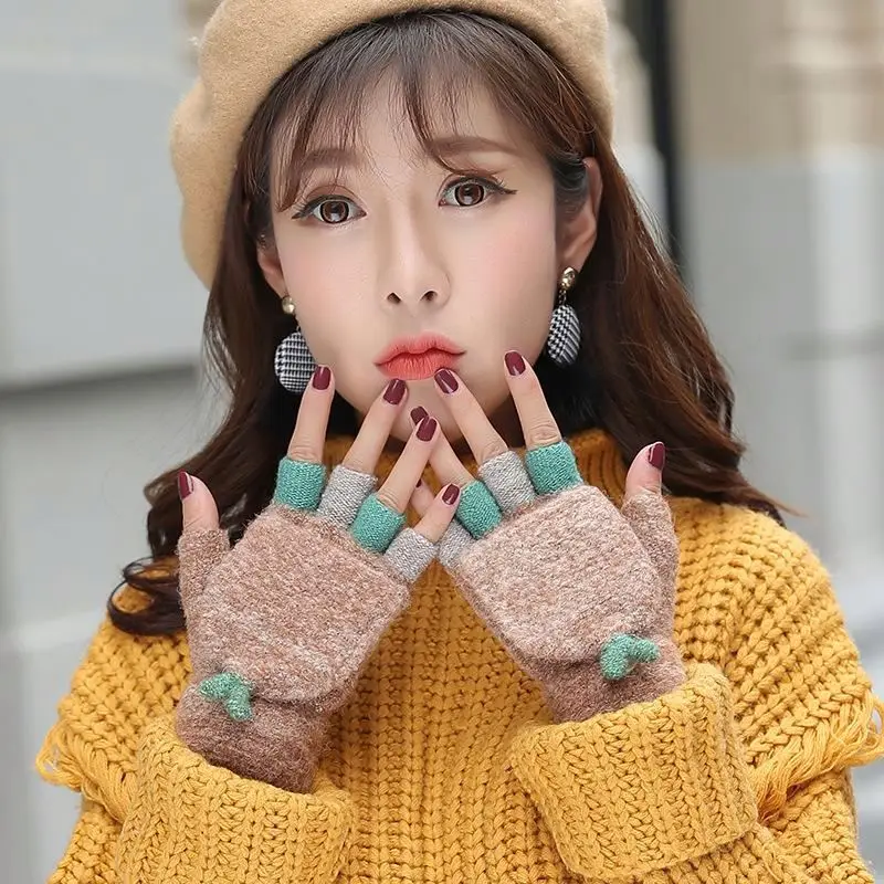 
Knitted Wool Gloves Female Winter Korean Edition Cute Cartoon Student Thicken Warm Half Finger Turn-over Exposed Finger 