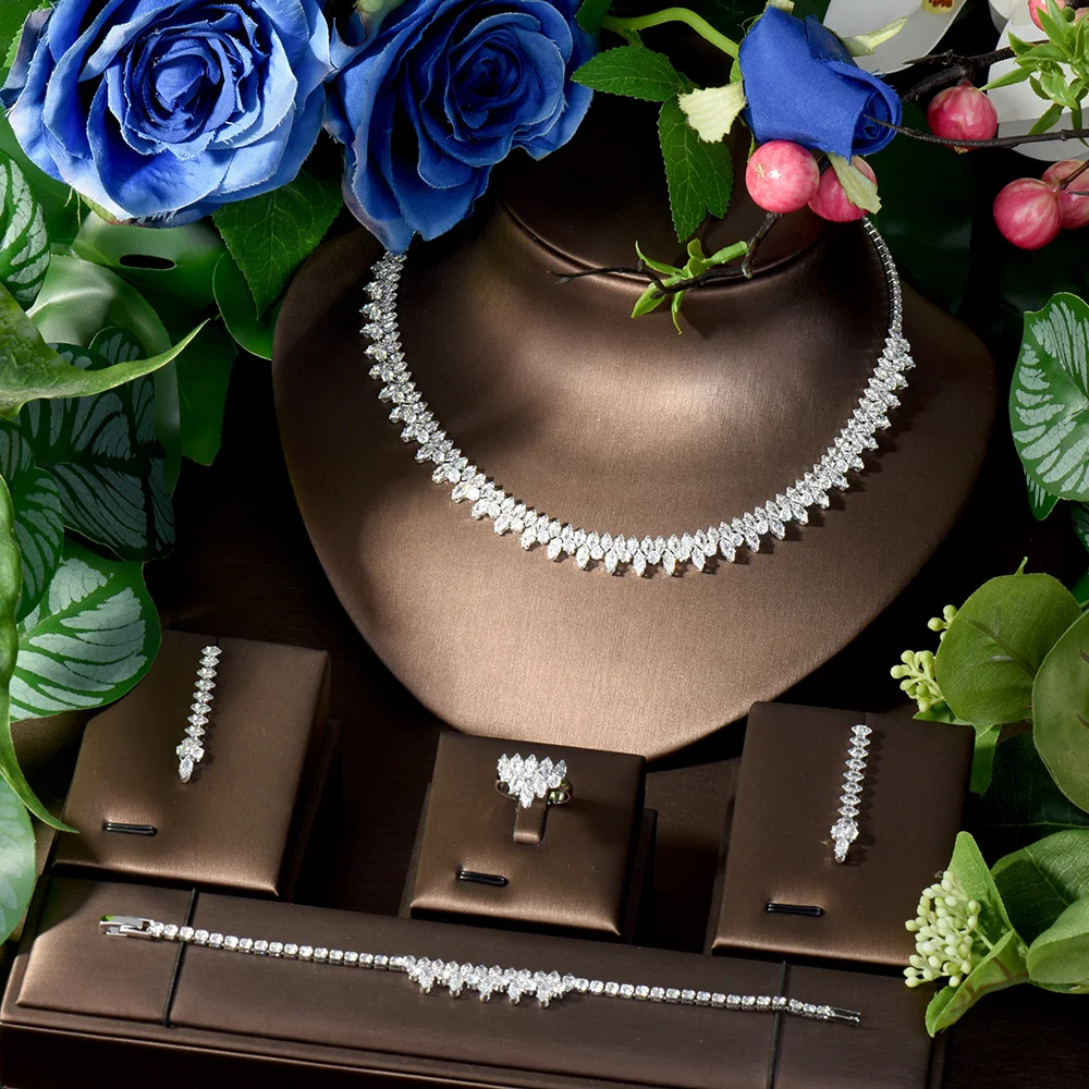 New Design 4pcs Water Drop Fashion Jewelry Necklace and Earring Sets Cubic Zirconia Women Bridal Wedding Jewelry Sets S-187