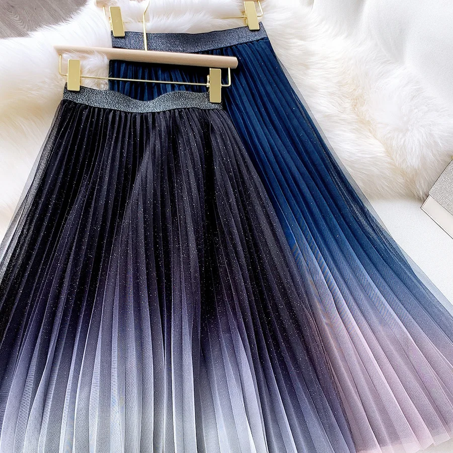 Star Gradient Color Net Yarn Skirt Female 2021 Autumn And Winter Glitter Tulle Pleated Fairy Thin
