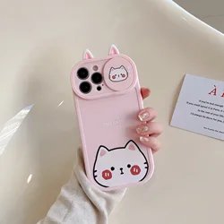 3D Cute Cartoon Bear Pink Cat Sliding Window Phone Case For iPhone 13 14 Pro Max 11 12 XR X Xs Max Camera Lens Protection Cover