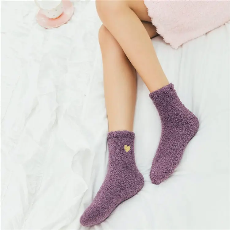 
Winter Thick Warm Thermal Cute Embroidered Love Heart Coral Fleece Microfiber Velvet Fluffy Fuzzy Women Socks 