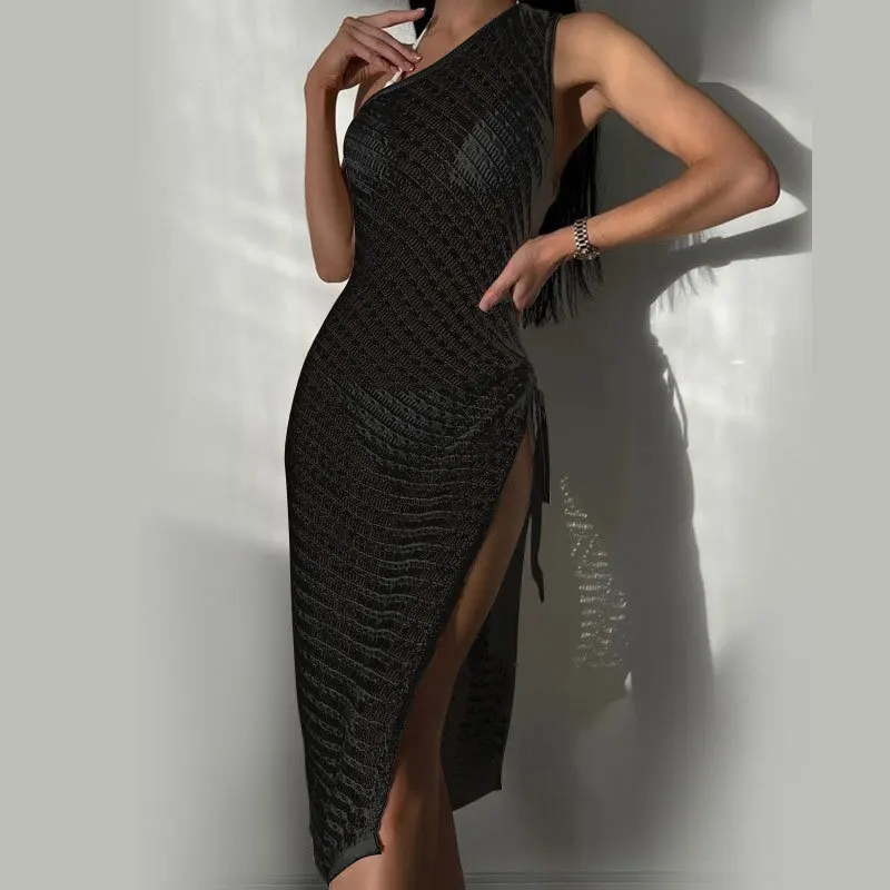 2024 Summer Womens Lingerie Sets Solid Color Sleeveless Sexy One Shoulder Hollow Out Bikini Side Split Crochet Cover Up Dresses